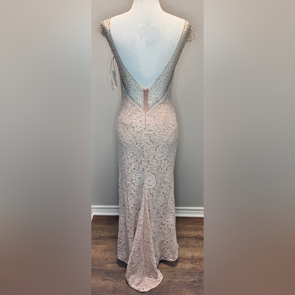La Femme Blush Backless Lace Gown
